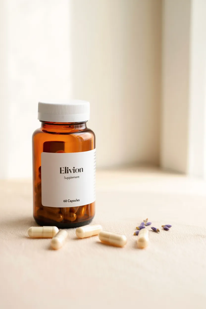 Elivion supplement — an elegant amber glass bottle with white capsules, placed on a light linen surface beside dried botanicals